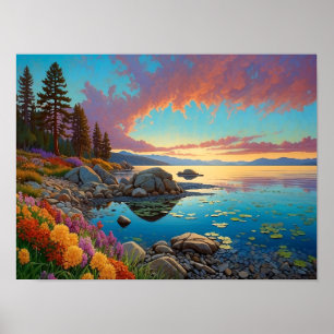 Farbige Bergsee-Blumen-Kunst Poster