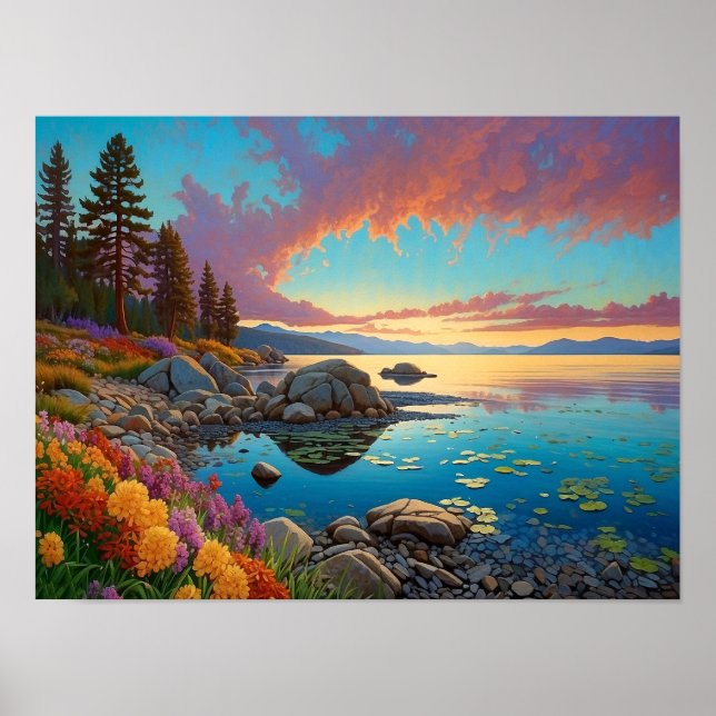 Farbige Bergsee-Blumen-Kunst Poster (Vorne)