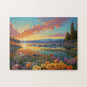 Farbige Bergsee-Blumen-Kunst Puzzle