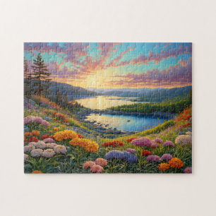 Farbige Bergsee-Blumen-Kunst Puzzle