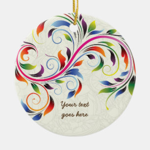 Farbige Blattrolle, ecru-blumiges Retro-Ornament Keramik Ornament