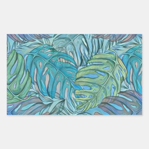 Farbige blaue grüne tropische Blätter Aquarell  Rechteckiger Aufkleber