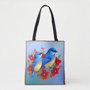 Farbige Blaue Vögel sitzen zwischen roten Blumen