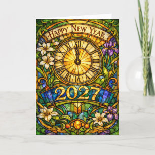 Farbige Bleiglas-Blumen Neujahr 2027 Feiertagskarte