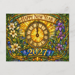 Farbige Bleiglas-Blumen Neujahr 2027 Feiertagspostkarte