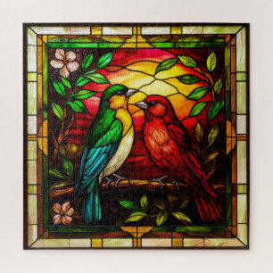 Farbige Bleiglasfenster mit zwei Vögeln Puzzle