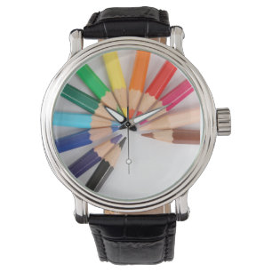 Farbige Bleistift-Farbrad-Uhr mit schwarzem Band Armbanduhr
