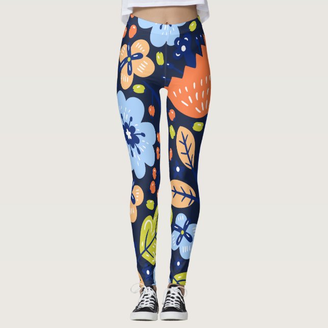 Farbige Blume auf dunkelmarineblau Hintergrund Leggings (Vorderseite)