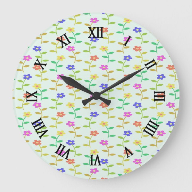 Farbige Blume auf hellgrün Große Wanduhr (Vorderseite)