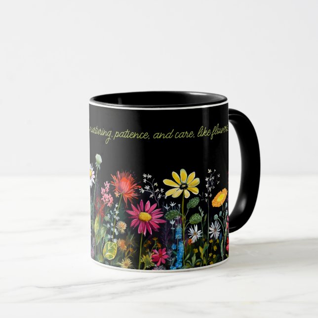 Farbige Blume auf Schwarzer Wasserfarbe Printmedie Tasse (VorderseiteRechts)