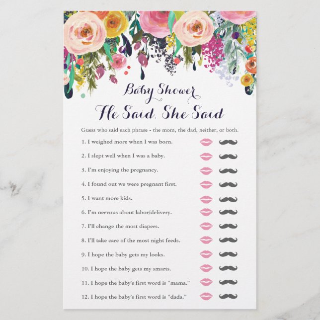 Farbige Blume Baby Dusche sagte er sagte, sie sagt (Vorderseite)