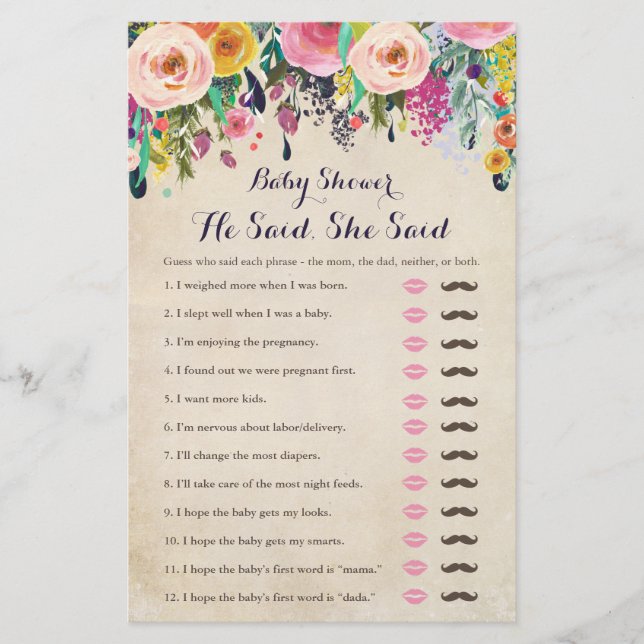 Farbige Blume Baby Dusche sagte er sagte, sie sagt (Vorderseite)