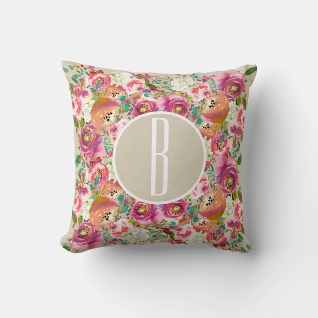 Farbige Blume der Blüte Rustic Kraft Monogram Kissen (Vorderseite)