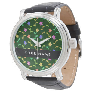 Farbige Blume, grüner Hintergrund, schwarz Armbanduhr