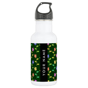 Farbige Blume, grüner Hintergrund, schwarz Edelstahlflasche