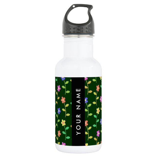 Farbige Blume, grüner Hintergrund, schwarz Edelstahlflasche (Vorderseite)
