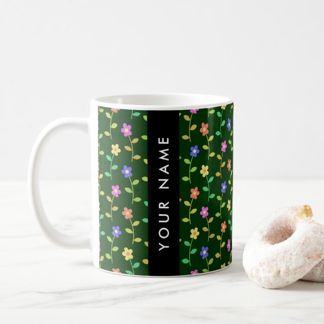 Farbige Blume, grüner Hintergrund, schwarz Kaffeetasse (Mit Donut)