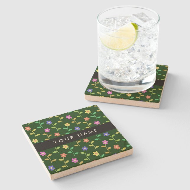 Farbige Blume, grüner Hintergrund, schwarz Steinuntersetzer (Seitenansicht)