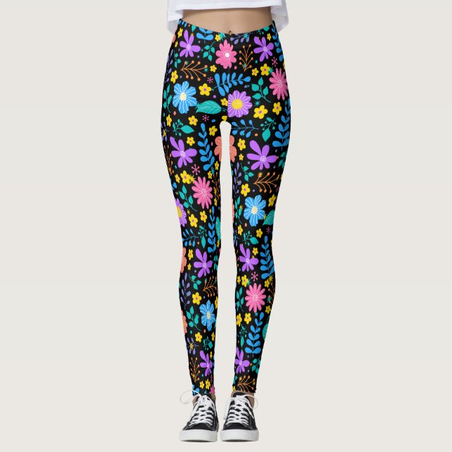 Farbige Blume in funkelnden Sternen Schwarz Leggings (Vorderseite)