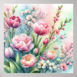 Farbige Blume in sanften Pastellfarben, Aquarell Poster