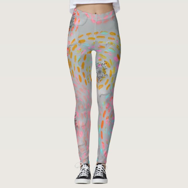 Farbige Blume mit gepunkteten grafischen Linien Leggings (Vorderseite)
