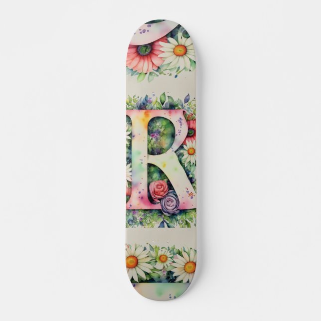 Farbige Blume Personalisiert Monogramm R Skateboard (Vorne)