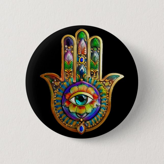 Farbige Blume Petals Türkis drittes Auge Hamsa Button (Vorderseite)
