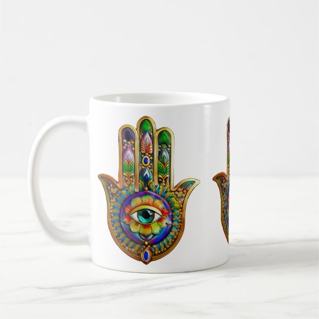 Farbige Blume Petals Türkis drittes Auge Hamsa Kaffeetasse (Links)