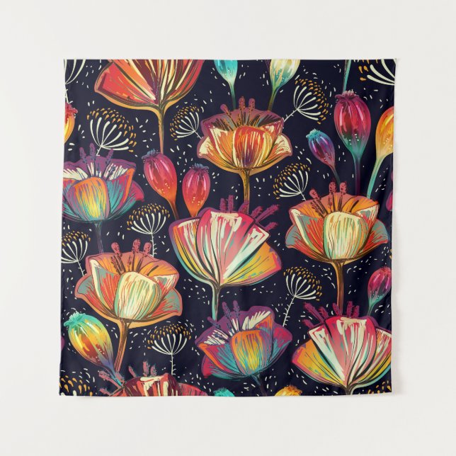 Farbige Blume Pflanze Vintages Muster Wandteppich (Vorderseite)
