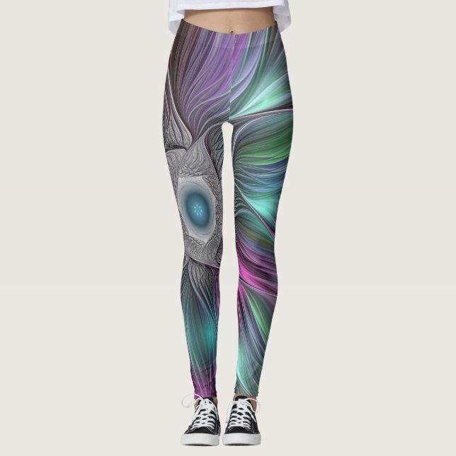 Farbige Blume Power Abstrakt Modernes Fraktal Kuns Leggings (Vorderseite)