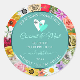 Farbige Blume rahmen Aquamarine Produktetiketten Runder Aufkleber