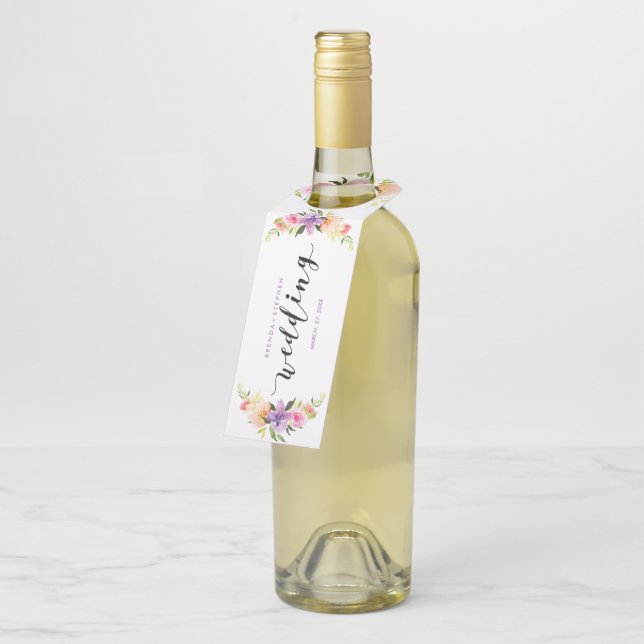 Farbige Blume Rahmen Hochzeittypografie Flaschenanhänger (Angewinkelt)