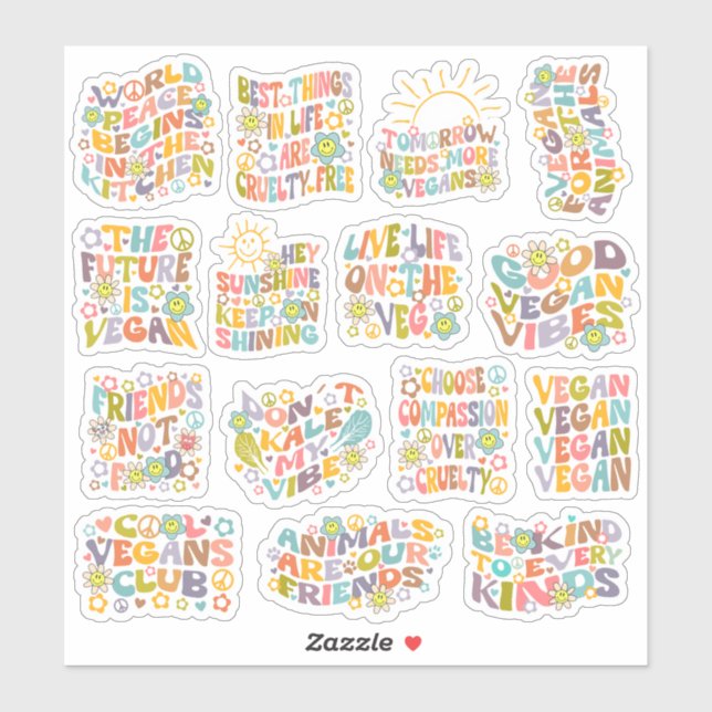 Farbige Blume, Retro-Veganes Set Aufkleber (Blatt)