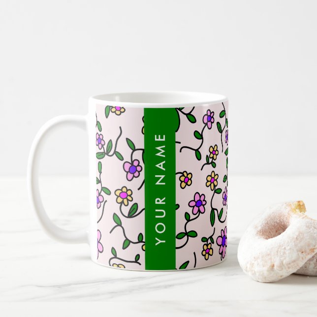 Farbige Blume, rosa Hintergrund, grün Kaffeetasse (Mit Donut)