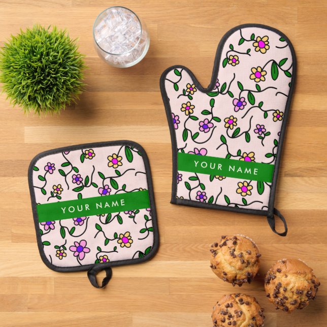 Farbige Blume, rosa Hintergrund, grün Ofenhandschuh & Topflappen-Set (Oben Unten)