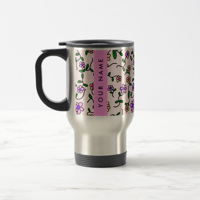Farbige Blume, rosa Hintergrund, rosa Reisebecher (Links)