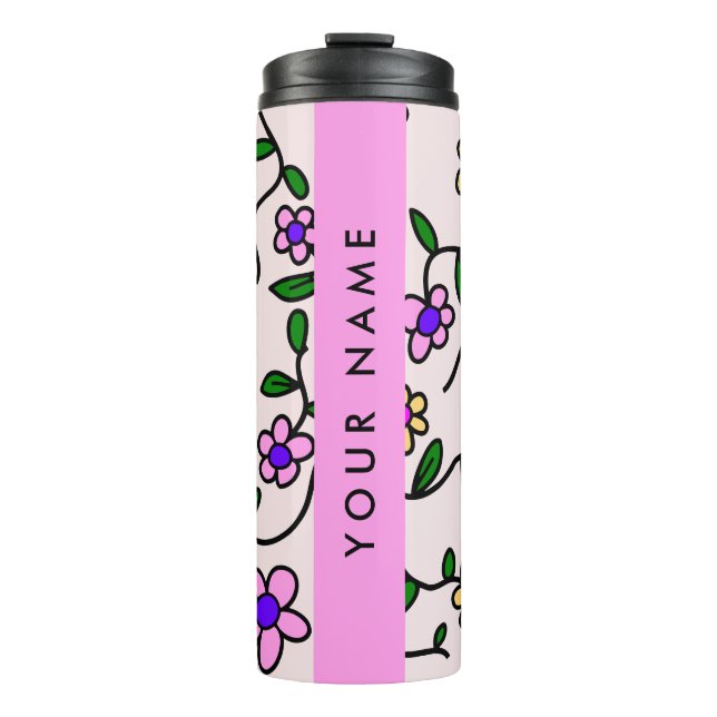 Farbige Blume, rosa Hintergrund, rosa Thermosbecher (Vorderseite)