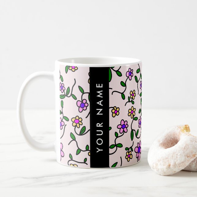 Farbige Blume, rosa Hintergrund, schwarz Kaffeetasse (Mit Donut)