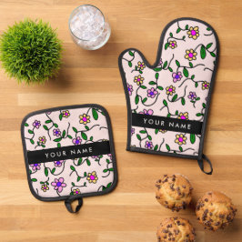 Farbige Blume, rosa Hintergrund, schwarz Ofenhandschuh & Topflappen-Set