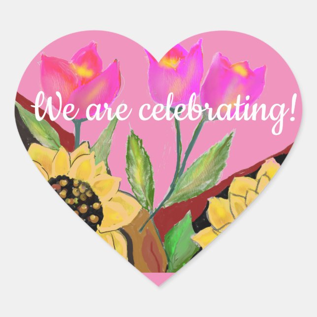 Farbige Blume Rosa Tulpen & Gelbe Sonnenblumen Herz-Aufkleber (Vorderseite)