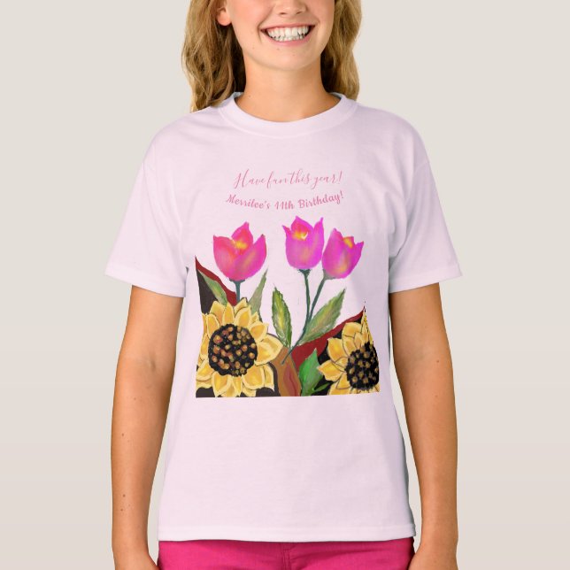 Farbige Blume Rosa Tulpen & Gelbe Sonnenblumen T-Shirt (Vorderseite)