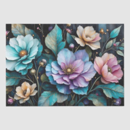 Farbige Blume und Blätter, schwarzer Hintergrund I Seidenpapier