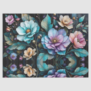 Farbige Blume und Blätter, schwarzer Hintergrund Seidenpapier