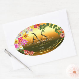 Farbige Blume und Initialen des Orange Product Lab Ovaler Aufkleber