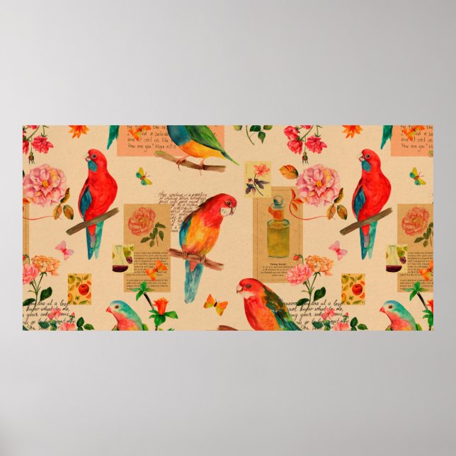 Farbige Blume und Papageienmuster Poster (Vorne)