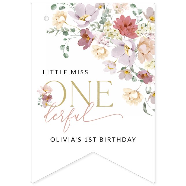 Farbige Blume, Wildblumen, erster Geburtstag Wimpelkette (Erste Fahne)