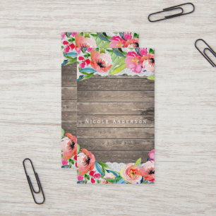 Farbige Blumen Moderne Florale Chic Holz & Spitze Visitenkarte