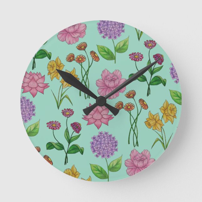Farbige Blumen Runde Wanduhr (Vorderseite)