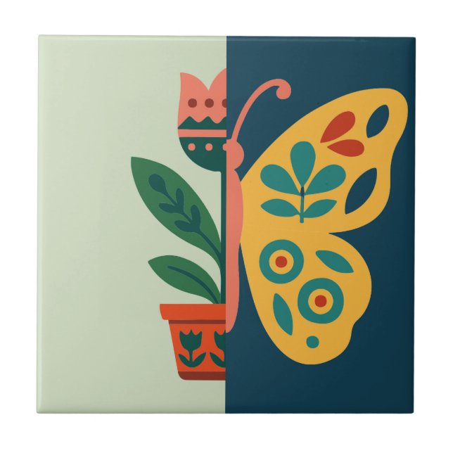 Farbige Blumen- und Schmetterlings-Grafikdesign Fliese (Vorderseite)