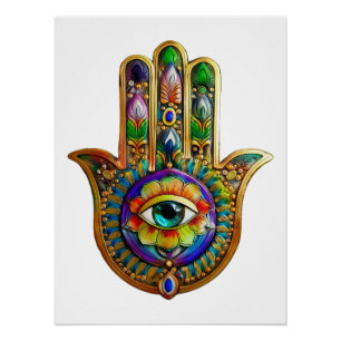 Farbige Blumenblüten Türkis Drittes Auge Hamsa Poster